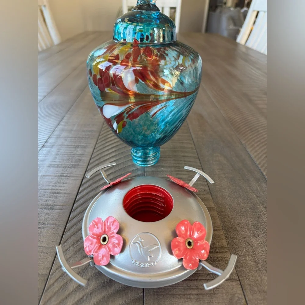 Handcrafted Hummingbird Feeder with Perch - Hand Blown Glass